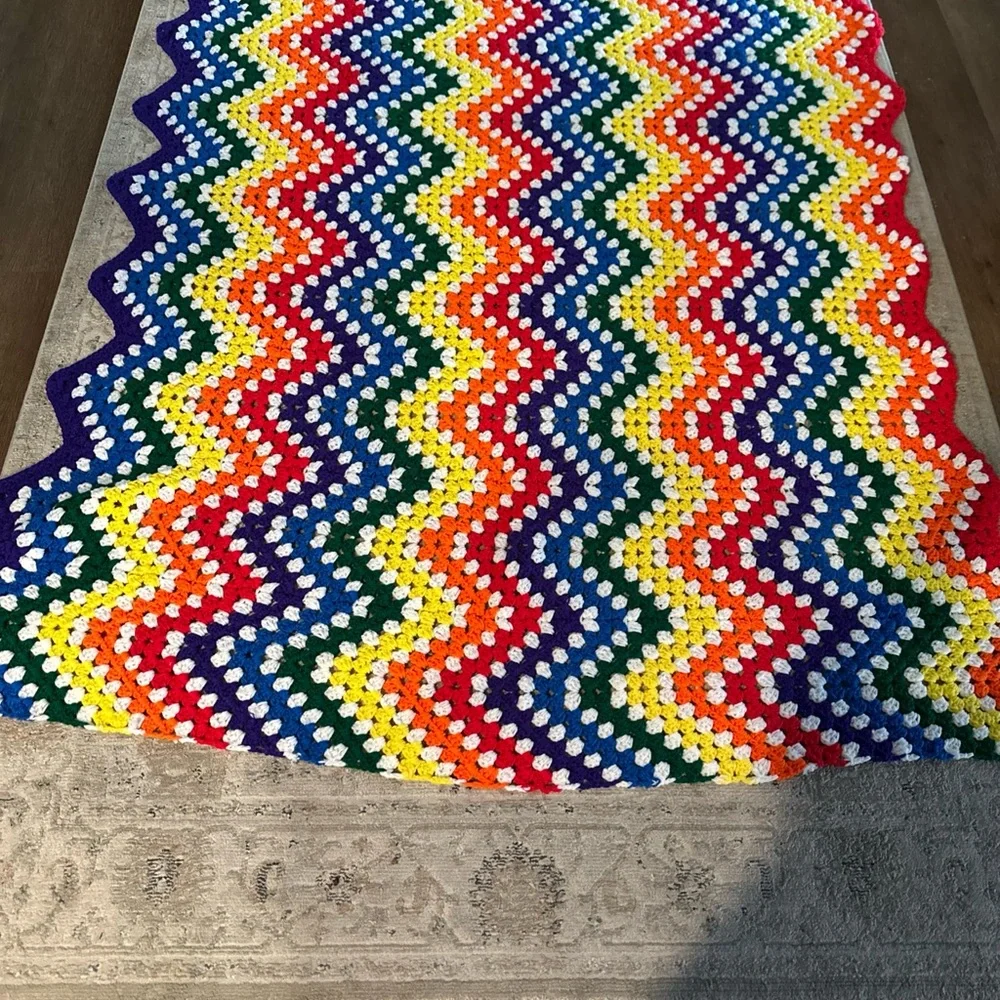 Rainbow Neon 70’s Afghan Granny‎ Blanket Throw Scallop Edge 58x69 Handmade